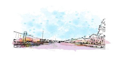 Jacksonville 'in simgesi olan Print Building View Florida' da bulunmaktadır. Vektörde elle çizilmiş resim ile suluboya sıçraması.