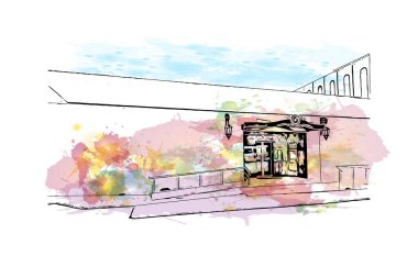 Mogadişu 'nun simgesi olan Print Building View, Somali' nin başkentidir. Vektörde elle çizilmiş resim ile suluboya sıçraması.