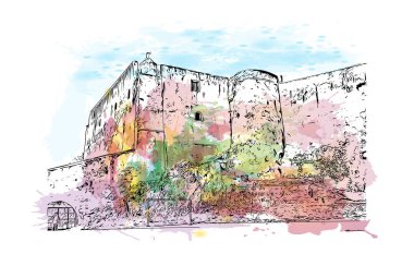 Mombasa 'nın simgesi olan Print Building View Kenya' da bulunmaktadır. Vektörde elle çizilmiş resim ile suluboya sıçraması.