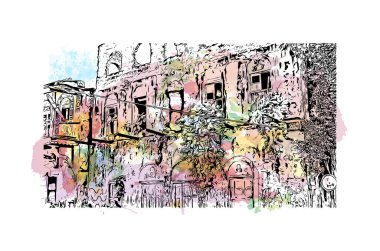 Mombasa 'nın simgesi olan Print Building View Kenya' da bulunmaktadır. Vektörde elle çizilmiş resim ile suluboya sıçraması.