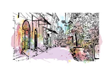 Mombasa 'nın simgesi olan Print Building View Kenya' da bulunmaktadır. Vektörde elle çizilmiş resim ile suluboya sıçraması.