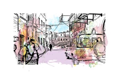 Mombasa 'nın simgesi olan Print Building View Kenya' da bulunmaktadır. Vektörde elle çizilmiş resim ile suluboya sıçraması.