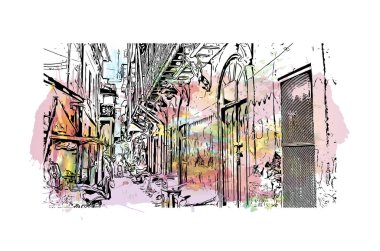 Mombasa 'nın simgesi olan Print Building View Kenya' da bulunmaktadır. Vektörde elle çizilmiş resim ile suluboya sıçraması.