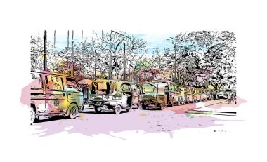 Mombasa 'nın simgesi olan Print Building View Kenya' da bulunmaktadır. Vektörde elle çizilmiş resim ile suluboya sıçraması.