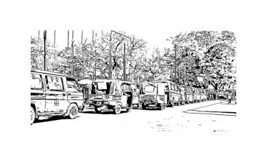 Mombasa 'nın simgesi olan Print Building View Kenya' da bulunmaktadır. Vektörde elle çizilmiş çizim çizimi.