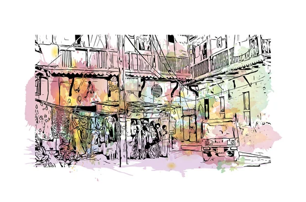 Print Building View Landmark Mombasa City Kenya Watercolor Splash Hand — Stock Vector