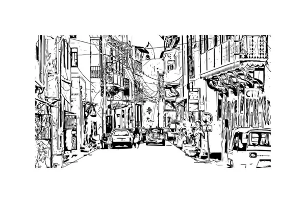 Mombasa 'nın simgesi olan Print Building View Kenya' da bulunmaktadır. Vektörde elle çizilmiş çizim çizimi.