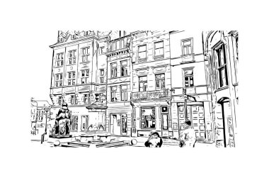 Print  Building view with landmark of Mons is the city in Belgium. Hand drawn sketch illustration in vector.