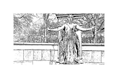 Print  Building view with landmark of Mons is the city in Belgium. Hand drawn sketch illustration in vector.