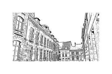 Print Building view with landmark of Mons is the city in Belçika. Vektörde elle çizilmiş çizim çizimi.