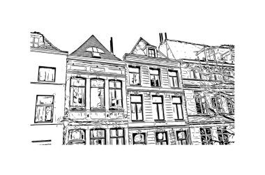 Print Building view with landmark of Mons is the city in Belçika. Vektörde elle çizilmiş çizim çizimi.