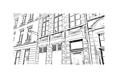 Print Building view with landmark of Mons is the city in Belçika. Vektörde elle çizilmiş çizim çizimi.