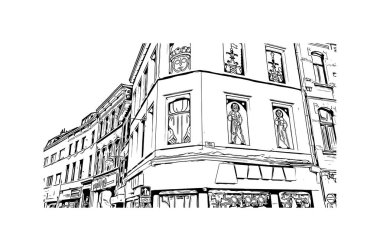 Print Building view with landmark of Mons is the city in Belçika. Vektörde elle çizilmiş çizim çizimi.