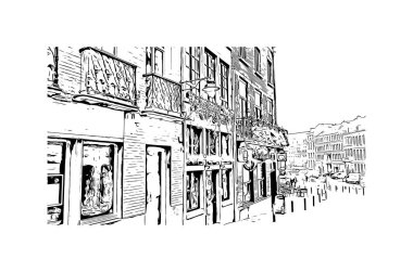 Print Building view with landmark of Mons is the city in Belçika. Vektörde elle çizilmiş çizim çizimi.