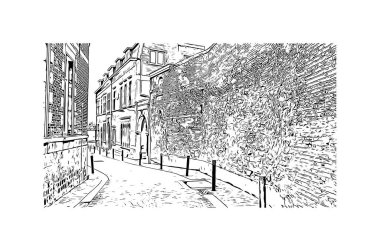 Print Building view with landmark of Mons is the city in Belgium. Hand drawn sketch illustration in vector.