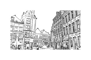 Print Building view with landmark of Mons is the city in Belçika. Vektörde elle çizilmiş çizim çizimi.