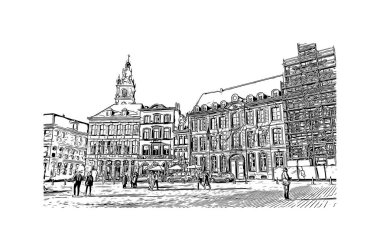Print Building view with landmark of Mons is the city in Belçika. Vektörde elle çizilmiş çizim çizimi.