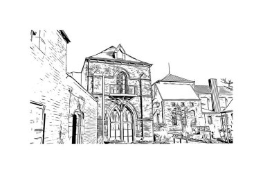 Print Building view with landmark of Mons is the city in Belçika. Vektörde elle çizilmiş çizim çizimi.