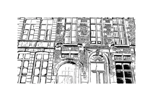Print Building View Landmark Mons City Belgium Hand Drawn Sketch — ストックベクタ