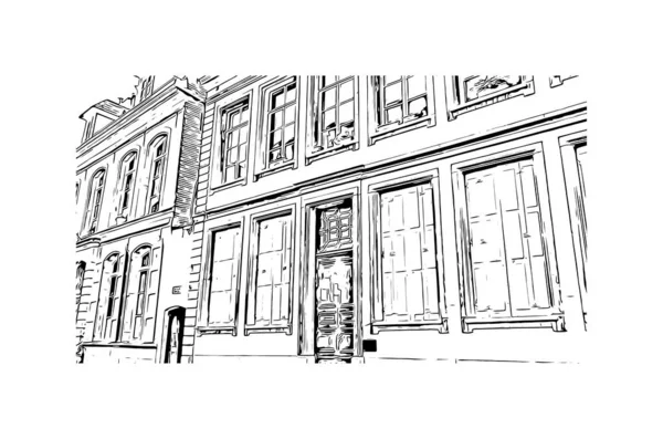Print Building View Landmark Mons City Belgium Hand Drawn Sketch — Image vectorielle