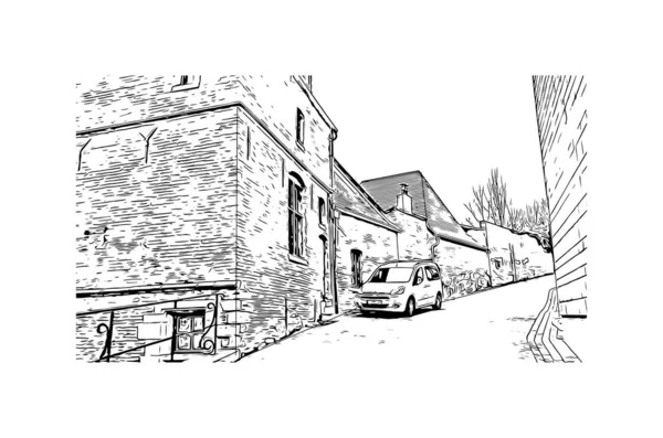 Print Building View Landmark Mons City Belgium Hand Drawn Sketch — 스톡 벡터