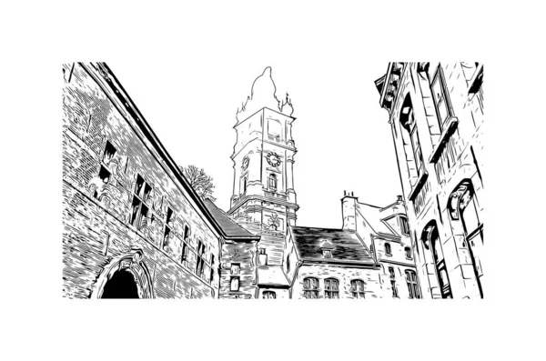 Print Building View Landmark Mons City Belgium Hand Drawn Sketch — Vettoriale Stock