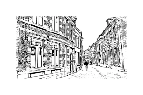 Print Building View Landmark Mons City Belgium Hand Drawn Sketch — Stock vektor