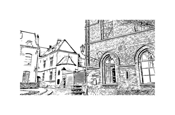 Print Building View Landmark Mons City Belgium Hand Drawn Sketch — стоковый вектор