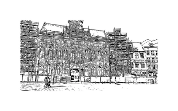 Print Building View Landmark Mons City Belgium Hand Drawn Sketch — Stock vektor