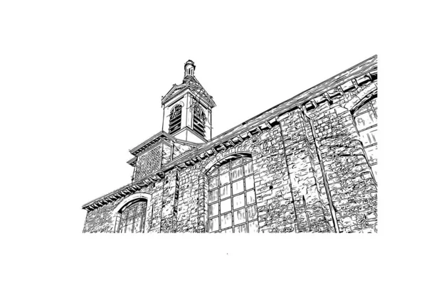 Print Building View Landmark Mons City Belgium Hand Drawn Sketch — Wektor stockowy