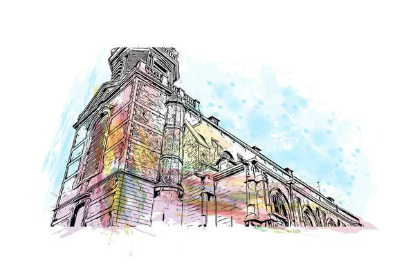 Print Building view with landmark of Mons is the city in Belçika. Vektörde elle çizilmiş resim ile suluboya sıçraması.