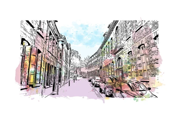 Print Building View Landmark Mons City Belgium Watercolor Splash Hand — Image vectorielle