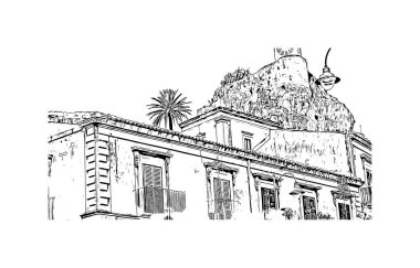 Print Building view with landmark of Modica, İtalya 'da bir şehirdir. Vektörde elle çizilmiş çizim çizimi.