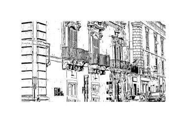 Print Building view with landmark of Modica, İtalya 'da bir şehirdir. Vektörde elle çizilmiş çizim çizimi.