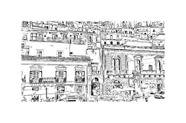 Print Building view with landmark of Modica, İtalya 'da bir şehirdir. Vektörde elle çizilmiş çizim çizimi.