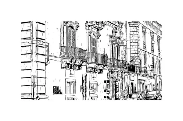 Print Building view with landmark of Modica, İtalya 'da bir şehirdir. Vektörde elle çizilmiş çizim çizimi.