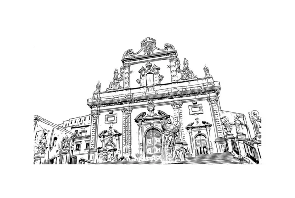 印刷モディカのランドマークとビルの景色はイタリアの都市です 手描きのスケッチ図ベクトル — ストックベクタ