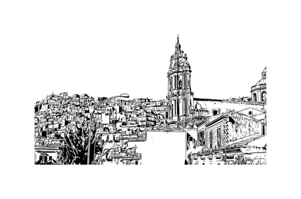 Print Building View Landmark Modica Stad Italien Handritad Skiss Illustration — Stock vektor