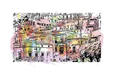 Print Building view with landmark of Modica, İtalya 'da bir şehirdir. Vektörde elle çizilmiş resim ile suluboya sıçraması.