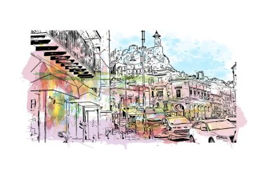 Print Building view with landmark of Modica, İtalya 'da bir şehirdir. Vektörde elle çizilmiş resim ile suluboya sıçraması.