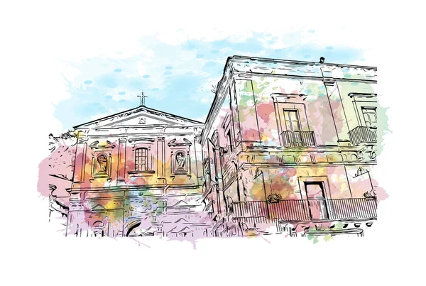 Vytisknout Pohled Budovu Orientačním Bodem Modica Město Itálii Akvarelové Stříknutí — Stockový vektor
