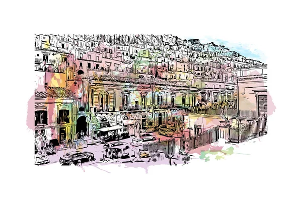 Print Building View Landmark Modica City Italy Watercolor Splash Hand — Stock Vector