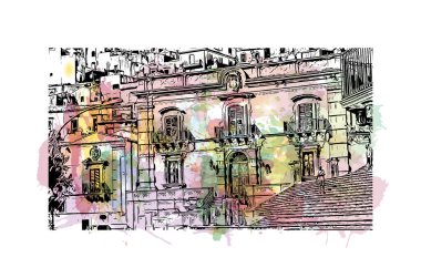Print Building view with landmark of Modica, İtalya 'da bir şehirdir. Vektörde elle çizilmiş resim ile suluboya sıçraması.