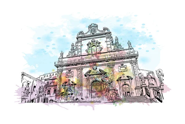 Print Building View Landmark Modica Olaszország Egyik Városa Akvarell Splash — Stock Vector