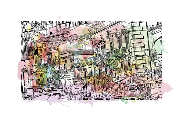 Vytisknout Pohled Budovu Orientačním Bodem Modica Město Itálii Akvarelové Stříknutí — Stockový vektor
