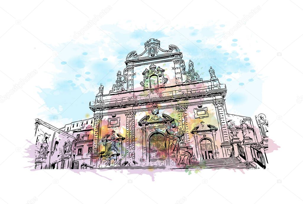 Print Building view with landmark of Modica is a city in Italy. Watercolor splash with hand drawn sketch illustration in vector.