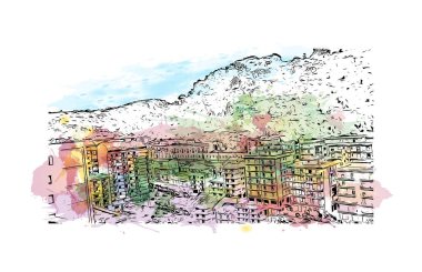 Print Building view with landmark of Modica, İtalya 'da bir şehirdir. Vektörde elle çizilmiş resim ile suluboya sıçraması.