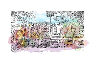 Manako 'nun simgesi olan Print Building View, Mali' deki bir köydür. Vektör içinde elle çizilmiş çizim eşkali ile Waterclor sıçraması.