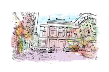 Manako 'nun simgesi olan Print Building View, Mali' deki bir köydür. Vektör içinde elle çizilmiş çizim eşkali ile Waterclor sıçraması.