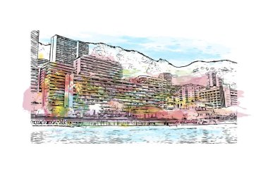 Manako 'nun simgesi olan Print Building View, Mali' deki bir köydür. Vektör içinde elle çizilmiş çizim eşkali ile Waterclor sıçraması.